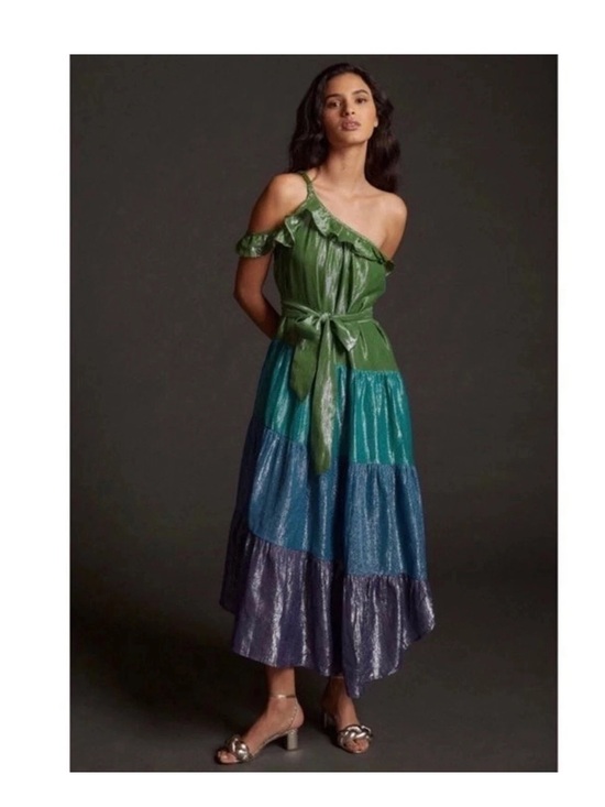 Anthropologie Dresses & Skirts - Anthropologie Maeve Metallic Ruffled One-Shoulder Color Block Dress Sz Small
